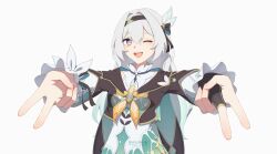 1girl absurdres black_gloves black_hairband black_jacket breasts cropped_jacket double_gyaru_v firefly_(honkai:_star_rail) frilled_sleeves frills gloves grey_hair gyaru_v hair_between_eyes hair_intakes hair_ornament hairband highres honkai:_star_rail honkai_(series) jacket long_hair long_sleeves looking_at_viewer medium_breasts multicolored_eyes neckerchief one_eye_closed orange_neckerchief partially_fingerless_gloves restra25 shirt smile solo teeth two-tone_eyes upper_body upper_teeth_only v white_background white_shirt