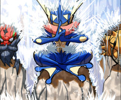 10s accelgor creatures_(company) game_freak gen_3_pokemon gen_5_pokemon gen_6_pokemon greninja image_sample lowres meditation ninja nintendo no_humans pixiv_sample pokemon pokemon_(creature) pokemon_xy rock shedinja water waterfall yu_lulu_(uka)