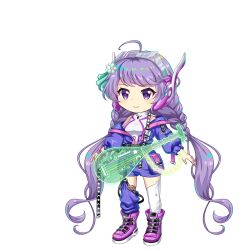 Rule 34 | 1girl, a-pose, alternate costume, alternate hairstyle, asymmetrical legwear, biwa lute, boots, braid, breasts, chain, chibi, closed mouth, clothing request, crescent, flower, full body, game cg, hair flower, hair ornament, headphones, highres, instrument, jacket, long hair, long sleeves, lute (instrument), mismatched legwear, official art, open clothes, open jacket, purple boots, purple eyes, purple hair, purple jacket, purple shorts, rotte (1109), science fiction, scrunchie, shorts, smile, solo, speaker, sprite, star (symbol), thighhighs, third-party source, touhou, touhou lostword, transparent background, tsukumo benben, tsukumo benben (device driver big sis), twin braids, twintails, very long hair, white flower, white thighhighs, wrist scrunchie