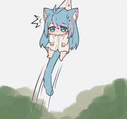 1girl ahoge angon623 animal_ears azura_cecillia blue_eyes blue_hair clothes_pull multicolored_hair nijisanji nijisanji_id shirt surprised sweatdrop tail virtual_youtuber white_shirt