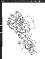 1girl aida_(aidacamelia0516) art_program_in_frame bouquet closed_mouth cowboy_shot flower forehead_jewel highres holding holding_bouquet monochrome peridot_(steven_universe) short_hair simple_background smile solo steven_universe