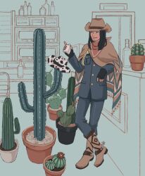 1boy 23011620x ace_attorney black_hair blue_jacket blue_pants boots cactus closed_mouth cowboy_hat facial_hair full_body hat highres holding jacket jake_marshall long_hair long_sleeves male_focus pants phoenix_wright:_ace_attorney plant poncho potted_plant red_scarf scarf shirt smile solo standing