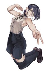 Rule 34 | 1girl, absurdres, black choker, black hair, black ribbon, black shoes, black shorts, black thighhighs, bonjindaaa, chainsaw man, choker, closed mouth, green eyes, grenade pin, highres, loafers, looking at viewer, reze (chainsaw man), ribbon, shirt, shoes, shorts, simple background, sleeveless, sleeveless shirt, solo, thighhighs, v, white background, white shirt