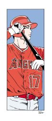 1boy baseball baseball_bat baseball_helmet baseball_uniform belt blue_background border buckle buttons eguchi_hisashi gloves hand_up helmet highres holding holding_baseball_bat lips long_sleeves looking_to_the_side male_focus nose ootani_shouhei out_of_frame pants real_life red_belt red_helmet red_shirt shirt signature simple_background solo sportswear upper_body white_border white_gloves white_pants