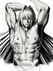 1boy closed_eyes closed_mouth hair_ears hair_intakes highres jewelry long_hair male_focus meisharan muscular navel necklace nipples nostrils original pectorals solo valentine_(meisharan) white_background