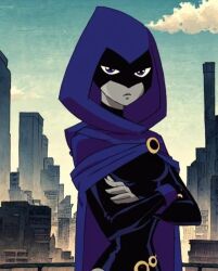 1girl artist_request blue_cape bodysuit cape cartoon_network city crossed_arms dc_comics hood looking_at_viewer purple_hood raven_(dc) serius solo source teen_titans