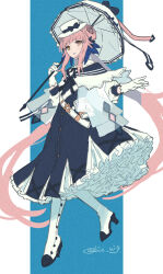 1girl arknights belt blue_dress blue_feathers blue_ribbon blunt_bangs book_holster boots bow capelet ceylon_(arknights) commentary dress feather_hair feathers frilled_dress frills full_body gloves hair_bun hand_up hat hat_bow hexagram high_heel_boots high_heels holding holding_umbrella long_hair long_sidelocks multiple_belts orange_eyes outstretched_arm parted_lips pink_hair ribbon see-through_clothes shirt sidelocks solo three-quarter_sleeves three_quarter_view twitter_username umbrella urabe_(mstchan) very_long_hair white_capelet white_gloves white_hat white_shirt white_umbrella