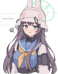 Rule 34 | 1girl, alternate hair length, alternate hairstyle, animal ear headwear, azuki (az my), black undershirt, blue archive, blue eyes, blue sailor collar, blue shirt, breasts, bucket hat, fake animal ears, green halo, halo, hat, highres, large breasts, long hair, long sleeves, looking at viewer, neckerchief, open mouth, purple hair, raglan sleeves, sailor collar, saki (blue archive), shirt, simple background, solo, squiggle, sweatdrop, upper body, white background, white shirt, yellow neckerchief