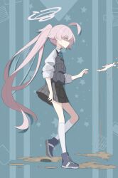 1girl ahoge black_skirt blue_archive blue_shoes bulletproof_vest commentary_request disembodied_hand from_side full_body halo highres hoshino_(armed)_(blue_archive) hoshino_(blue_archive) long_hair official_alternate_costume pink_hair pink_halo plaid_clothes plaid_skirt ponytail profile reaching reaching_towards_another sasanoha_(sasanoha0712) school_uniform shirt shoes skirt socks solo_focus standing very_long_hair walking white_shirt white_socks