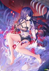 1girl acheron_(honkai:_star_rail) atdan bare_legs barefoot breasts cleavage feet flower highres honkai:_star_rail honkai_(series) large_breasts long_hair purple_eyes purple_hair solo umbrella