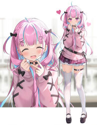 Rule 34 | 1girl, :d, ahoge, animal ear legwear, blue hair, blue nails, blush, cat ear legwear, cat ear thighhighs, cat thighhighs, closed eyes, closed mouth, earrings, facing viewer, hands up, heart, heart earrings, highres, holding, holding own hair, hololive, jewelry, kurot, long hair, long sleeves, looking at viewer, minato aqua, minato aqua (school uniform), miniskirt, multicolored hair, multiple views, nail polish, open mouth, pink hair, pink skirt, pink sweater, plaid clothes, plaid skirt, purple eyes, shoes, skirt, smile, standing, sweater, thigh strap, thighhighs, twintails, two-tone hair, two side up, v, virtual youtuber, white thighhighs