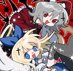 Rule 34 | 2girls, aiobahn, baban777v, blue bow, bow, demon girl, demon horns, demon tail, detached sleeves, dress, frilled dress, frills, grey footwear, grey hair, hair bow, horns, legs up, looking at viewer, medium hair, multiple girls, open mouth, red dress, red eyes, sidelocks, smile, tail, tententengokujigokugoku (aiobahn), thigh strap