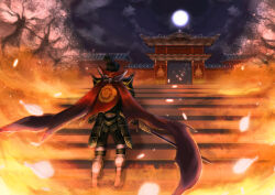 armor black_hair cape cherry_blossoms highres japanese_clothes moon oda_nobunaga petals sengoku_musou stairs sword temple topknot weapon