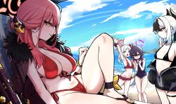 4girls absurdres aru_(blue_archive) beach bikini black_bikini black_hair black_horns black_jacket blue_archive blue_sky breasts brown_coat cloud coat coat_on_shoulders commentary_request day demon_horns grey_halo hair_between_eyes hair_ornament hairclip halo haruka_(blue_archive) highres horns jacket kayoko_(blue_archive) korean_commentary large_breasts long_hair multicolored_hair multiple_girls mutsuki_(blue_archive) navel ocean one-piece_swimsuit one_eye_closed open_mouth orange_halo outdoors pink_hair pink_halo problem_solver_68_(blue_archive) purple_eyes purple_hair red_bikini red_eyes sand short_hair side_ponytail sky small_breasts stomach sung08ko swimsuit two-tone_hair white_hair yellow_eyes