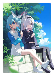 Rule 34 | 2girls, absurdres, arona (blue archive), black choker, black coat, black eyes, black hairband, black pantyhose, black sailor collar, black shirt, black shoes, black skirt, blue archive, blue eyes, blue hair, blue halo, blue shirt, bow, bow hairband, braid, choker, closed mouth, coat, colored inner hair, commentary, food, food in mouth, grey hair, hair bow, hair over one eye, hairband, halo, highres, holding, holding food, holding popsicle, inedibleparts, loafers, long hair, long sleeves, midriff, miniskirt, multicolored hair, multiple girls, navel, outdoors, pantyhose, pink hair, plana (blue archive), pleated skirt, popsicle, popsicle in mouth, puffy long sleeves, puffy sleeves, red halo, sailor collar, sailor shirt, school uniform, serafuku, shirt, shoes, short hair, side braid, single braid, sitting, skirt, sneakers, two-tone hair, white bow, white choker, white hairband, white sailor collar, white shoes, white skirt