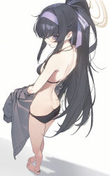 1girl absurdres ass back bare_shoulders barefoot bikini black_bikini blue_archive breasts brown_halo butt_crack cardigan drive_shot full_body grey_cardigan hairband halo highres jewelry long_hair looking_at_viewer medium_breasts necklace o-ring o-ring_bikini o-ring_bottom official_alternate_costume official_alternate_hairstyle ponytail purple_eyes purple_hairband revision simple_background solo standing swimsuit toes ui_(blue_archive) ui_(swimsuit)_(blue_archive) white_background
