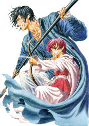 1boy 1girl akatsuki_no_yona black_hair blood clenched_teeth hak_(akatsuki_no_yona) holding holding_weapon miura_kentarou red_hair short_hair simple_background teeth weapon white_background yona_(akatsuki_no_yona)
