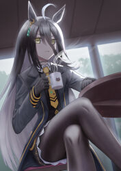 Rule 34 | 1girl, ahoge, animal ears, answering, bilingual commentary, black coat, black hair, black pantyhose, black skirt, chair, coat, coffee mug, colored inner hair, commentary, crossed legs, cup, dutch angle, hair between eyes, holding, holding cup, horse ears, horse girl, indoors, long hair, long hair between eyes, looking at viewer, loosely tucked bangs, manhattan cafe (umamusume), miniskirt, mixed-language commentary, mug, multicolored hair, necktie, on chair, open clothes, open coat, pantyhose, shirt, sitting, skirt, solo, steam, streaked hair, umamusume, very long hair, white hair, white shirt, yellow eyes, yellow necktie