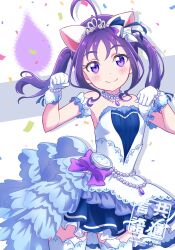 1girl ahoge analog_clock animal_ears animal_hands bow cat_ears choker clock confetti crown detached_sleeves dress frilled_dress frilled_gloves frills gloves highres kimi_to_idol_precure kyoutsuugengo light_blush looking_at_viewer precure purple_bow purple_eyes purple_hair shigure_kokoro thighhighs twintails