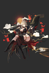 Rule 34 | 1girl, black background, black boots, black dress, black gloves, black jacket, black panties, blue eyes, boots, breasts, brown hair, brown thighhighs, cleavage, closers, criss-cross halter, cropped jacket, crossed legs, dress, full body, gloves, gradient hair, half updo, halterneck, harpy (closers), high heel boots, high heels, highres, jacket, knee boots, korean clothes, large breasts, long hair, long sleeves, looking at viewer, multicolored hair, official art, open clothes, open jacket, panties, pelvic curtain, simple background, single thighhigh, sitting, sleeveless, sleeveless dress, solo, thighhighs, thighs, underwear, very long hair, wide sleeves