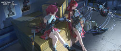 1other 2girls absurdres ahoge alternate_hairstyle bare_shoulders black_bodysuit black_gloves black_hairband black_shorts bodysuit bound breasts cable circle_facial_mark closed_eyes collar commentary copyright_notice crossed_arms danjin_(wuthering_waves) elbow_gloves english_commentary facial_mark fingerless_gloves folded_braid food gloves hair_ornament hairband highres holding holding_food katsuyamamage large_breasts logo long_hair looking_at_another mark_under_both_eyes multiple_girls official_art pelvic_curtain red_eyes red_hair red_tabard short_hair shorts single_fingerless_glove sitting smile sword tabard tied_up_(nonsexual) very_long_hair wanted_poster weapon white_collar wuthering_waves yinlin_(wuthering_waves) zapstring_(wuthering_waves)