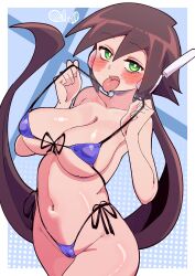 Rule 34 | 1girl, absurdres, aile (mega man zx), bikini, blue background, blue bikini, blush, border, breasts, brown hair, buzzlyears, cameltoe, collarbone, cowboy shot, front-tie bikini top, front-tie top, green eyes, highres, large breasts, mega man (series), mega man zx, mega man zx advent, micro bikini, ponytail, robot ears, side-tie bikini bottom, simple background, solo, swimsuit, tongue, tongue out, white border
