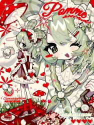 1girl animal_ears basket cake cake46179 cake_slice commentary commission dress fake_animal_ears flower food french_text green_eyes green_hair heart highres holding holding_basket lolita_fashion mary_janes medium_hair multiple_views mushroom one_eye_closed original parasol picnic_basket plate rabbit rabbit_ears red_dress red_shoes red_socks red_velvet_cake shirt shoes socks sweet_lolita symbol-only_commentary translation_request tulip umbrella watermark white_shirt