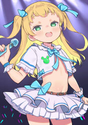 1girl belt blonde_hair blue_bow blue_bowtie blue_wrist_cuffs bow bowtie breasts bright_pupils brown_belt character_request commentary copyright_request cowboy_shot cropped_jacket frilled_sleeves frills green_eyes hair_bow highres holding holding_microphone jacket loli long_hair looking_at_viewer microphone monomono navel open_clothes open_jacket open_mouth short-sleeved_jacket short_sleeves skirt small_breasts smile solo stomach two_side_up white_jacket white_pupils white_skirt wrist_cuffs