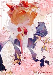 Rule 34 | 1girl, absurdres, apron, black dress, bow, brown hair, cardcaptor sakura, character request, check character, check copyright, closed eyes, copyright request, dress, eyes visible through hair, floral background, frilled apron, frilled dress, frills, fuuin no tsue, hair intakes, hair ornament, hair over eyes, highres, ieurumi, juliet sleeves, kinomoto sakura, long sleeves, puffy sleeves, red bow, short hair, signature, solo, white apron