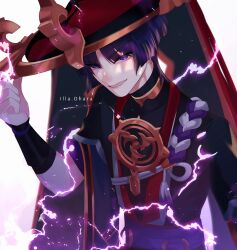 Rule 34 | 1boy, armor, artist name, bishounen, black bodysuit, black hair, black hat, black kimono, black sleeves, black veil, blunt ends, bodysuit, covered collarbone, eyelashes, eyeliner, eyeshadow, furisode, genshin impact, gold, gold trim, grin, hand up, hat, hat tip, highres, illa ohara, japanese armor, japanese clothes, jewelry, jingasa, juban, kimono, kote, kurokote, layered sleeves, looking at viewer, makeup, male focus, mitsudomoe (shape), neck ring, o-ring, open clothes, open kimono, parted bangs, pink lips, purple electricity, purple eyes, purple rope, purple sash, purple sleeves, red eyeliner, red eyeshadow, red hat, red kimono, rope, sash, scaramouche (genshin impact), shimenawa, short sleeves, smile, smirk, solo, tassel, tomoe (symbol), tsurime, turtleneck, turtleneck bodysuit, two-tone hat, upper body, veil, white background, white kimono, white rope, white trim
