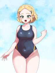 1girl alternate_costume black_one-piece_swimsuit blonde_hair blue_background braid breasts collarbone commentary_request covered_navel cowboy_shot crown_braid green_eyes highres large_breasts nintendo one-piece_swimsuit open_mouth pointy_ears princess_zelda short_hair smile solo swimsuit the_legend_of_zelda the_legend_of_zelda:_tears_of_the_kingdom wasabi_(legemd)