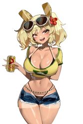 1girl absurdres arm_behind_back beer_can bikini bikini_under_clothes blonde_hair brazilian_miku brazilian_miku_(cosplay) breasts burnice_white can cleavage cosplay crop_top denim denim_shorts drink_can eyewear_on_head hatsune_miku highleg highleg_bikini highres holding holding_can large_breasts looking_at_viewer micro_bikini micro_shorts midriff navel open_fly orange_eyes ppangchil shorts smile solo sunglasses swimsuit tan tanline thick_thighs thighs twintails v vocaloid white_background wide_hips zenless_zone_zero