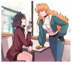 Rule 34 | 2girls, animal ears, belt, black belt, black choker, black gloves, black shorts, blake belladonna, blonde hair, border, cat ears, choker, coffee, cup, fingerless gloves, gloves, green jacket, highres, holding, holding cup, jacket, long hair, long sleeves, mechanical arms, midriff, multiple girls, pants, purple eyes, rwby, short hair, short shorts, shorts, single mechanical arm, white border, yang xiao long, yellow eyes, yellow nicky