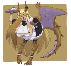 1girl :d absurdres apron black_bow black_dress blonde_hair blush borrowed_character bow breasts covered_erect_nipples doce dragon_girl dragon_horns dragon_tail dragon_wings dress female_focus half-closed_eyes hanging_breasts highres horns huge_breasts leaning_forward long_hair looking_at_viewer maid maid_apron monster_girl open_mouth original scales sharp_teeth smile solo tail talons teeth very_long_hair wings yellow_background yellow_eyes