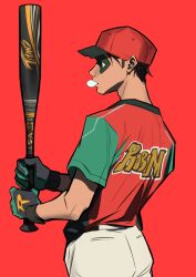 1boy alternate_costume baseball baseball_bat baseball_cap baseball_uniform batman_(series) belt black_belt black_hair black_mask chewing_gum commentary_request dc_comics from_side gloves hat highres holding holding_baseball_bat irispardom looking_ahead male_focus mask multicolored_gloves multicolored_shirt pants playing_sports red_background robin_(dc) shirt_tucked_in short_hair simple_background solo sportswear tim_drake white_pants