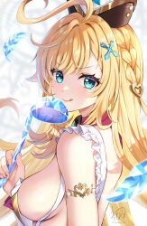 Rule 34 | 1girl, :q, aqua eyes, artist name, bare shoulders, blonde hair, blurry, blurry background, braid, breasts, commentary, cowlick, dress, escoffier (genshin impact), fork hair ornament, frilled dress, frills, from side, genshin impact, glint, hair between eyes, hand up, hat, heart, heart in eye, highres, holding, holding ladle, ladle, long hair, looking at viewer, medium breasts, side braid, sideboob, sidelocks, signature, solo, symbol in eye, tongue, tongue out, turning head, upper body, very long hair, wanatsu 15, white background, white dress
