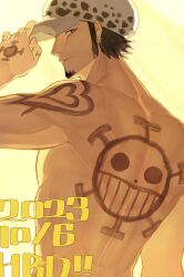 1boy absurdres back back_tattoo black_hair dated earrings facial_hair goatee grey_eyes hand_tattoo happy_birthday hat heart heart_tattoo highres jewelry long_sideburns looking_back male_focus one_piece short_hair shoulder_tattoo sideburns solo tattoo tokoni_fusu topless_male trafalgar_law white_hat