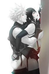 1boy 1girl ass black_gloves black_hair black_skirt black_thighhighs blush closed_eyes clothes_lift clothes_pull cloud_strife doggystyle elbow_sleeve final_fantasy final_fantasy_vii final_fantasy_vii_remake fingerless_gloves from_side gloves greyscale hand_on_wall hetero highres miniskirt monochrome open_mouth pants pants_pull pleated_skirt ribbed_shirt sex sex_from_behind shirt shirt_lift skirt sleeveless sleeveless_shirt spiked_hair spykeee standing standing_sex suspender_skirt suspenders tank_top taut_clothes taut_shirt thighhighs thighs tifa_lockhart vaginal white_background white_tank_top