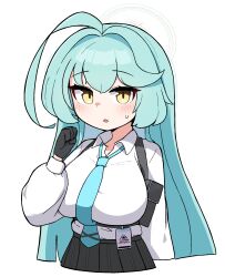 1girl antenna_hair aqua_hair black_skirt blue_archive blue_necktie chibi halo harness highres id_card long_hair looking_at_viewer necktie school_uniform shirt simple_background skirt solo tagyeokgam white_background white_shirt yume_(blue_archive)