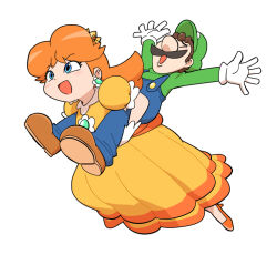 1boy 1girl arms_up blue_eyes blue_overalls blush brown_hair carrying carrying_person closed_eyes crown dress earrings facial_hair flower_earrings full_body gloves green_hat green_shirt happy hat high_heels jewelry junnosu long_hair long_sleeves luigi mario_(series) mustache nintendo open_mouth orange_dress orange_hair outstretched_arms overalls piggyback princess princess_daisy puffy_short_sleeves puffy_sleeves running shirt shoes short_hair short_sleeves smile spread_arms white_background white_gloves