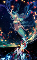 1girl artist_name bare_shoulders bra breasts commentary dark_background english_commentary fish full_body green_bra green_eyes green_hair grin highres kneeless_mermaid long_hair looking_up mermaid monster_girl navel original reaching small_breasts smile solo starfish teeth underwear very_long_hair yuumei