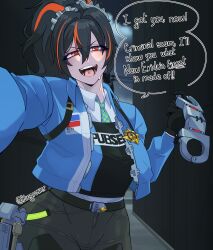 Rule 34 | arrest, cuffs, handcuff dangle, handcuffs, highres, holding, holding handcuffs, kingrosier, necktie, police, police badge, police uniform, policewoman, sweatdrop, zenless zone zero, zhu yuan