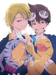 2boys agumon blonde_hair blue_eyes brown_eyes brown_hair bug butterfly chiyu1995 chiyu_(user_hrwu2257) closed_eyes digimon digimon_adventure digimon_adventure_-beyond- english_text gabumon goggles goggles_on_head group_picture highres horns insect ishida_yamato male_focus multiple_boys simple_background single_horn thank_you upper_body white_background yagami_taichi