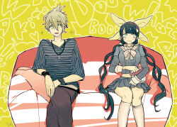 1boy 1girl amami_rantaro antenna_hair bell black_hair black_pants blue_serafuku blue_shirt blue_skirt blunt_bangs blush_stickers bow bracelet bucket buttons chabashira_tenko choker clenched_teeth collarbone commentary_request couch crossed_legs danganronpa_(series) danganronpa_v3:_killing_harmony eating feet_out_of_frame fingernails flustered food frilled_skirt frills green_background green_bow green_eyes green_hair hair_between_eyes hair_bow hair_ornament hairband happy holding holding_bucket ice_cream implied_hetero jewelry kneehighs knees long_eyelashes long_hair long_sleeves looking_to_the_side lovi_(momoko37) low_twintails messy_hair midriff miniskirt mole mole_under_mouth multi-tied_hair multiple_bracelets multiple_hair_bows neck_bell on_couch open_mouth outline pants pendant pillow pink_choker pink_hairband sailor_collar school_uniform serafuku shirt short_hair sitting skirt skirt_set smile socks sound_effects sparkle teeth three-quarter_sleeves twintails undershirt v-neck vertical-striped_sleeves very_long_hair white_bow white_outline white_sailor_collar white_sleeve_cuffs white_socks wristband