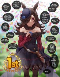 1girl absurdres animal_ears black_dress blue_flower blue_rose commentary dagger dress english_commentary english_text flipped_hair flower hair_over_one_eye hh_(hehexd06161704) highres horse_ears horse_girl knife long_hair looking_at_viewer off-shoulder_dress off_shoulder rice_shower_(umamusume) rose scabbard sheath solo tilted_headwear umamusume weapon
