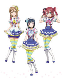 3girls aozora_jumping_heart aqua_eyes artbook black_hair blue_hair blush boots brown_hair choker dress earrings flower frills gloves hair_bun hair_ornament hat highres jewelry kunikida_hanamaru kurosawa_ruby long_hair looking_at_viewer love_live! love_live!_sunshine!! maid_headdress multiple_girls non-web_source official_alternate_costume official_art open_mouth purple_eyes red_hair simple_background single_hair_bun skirt smile suspenders thighhighs tsushima_yoshiko twintails two_side_up white_background yellow_eyes zettai_ryouiki