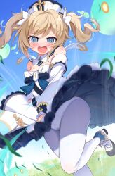 1girl @_@ barbara_(genshin_impact) bare_shoulders black_shoes blonde_hair blue_eyes blue_sky blush breasts commentary_request commission dress genshin_impact hat mikage_(shibi) open_mouth outdoors panties pantyhose shoes short_hair skeb_commission sky slime_(genshin_impact) small_breasts twintails underwear white_dress white_hat white_panties white_pantyhose wind wind_lift