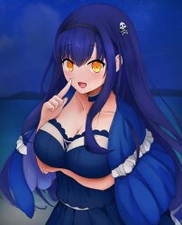 1girl :d absurdres arm_under_breasts black_camisole black_choker black_hair black_hairband black_skirt blue_capelet blue_sky blush bone_hair_ornament breasts camisole capelet choker cleavage cloud collarbone commentary_request cowboy_shot eyes_visible_through_hair frilled_capelet frilled_choker frills hair_between_eyes hair_ornament hairband hand_up happy highres index_finger_raised kushima_kamome large_breasts long_hair looking_at_viewer night night_sky ocean open_mouth outdoors shigure_suzuna skirt skull_and_crossbones skull_hair_ornament sky smile solo straight_hair summer_pockets variant_set very_long_hair yellow_eyes