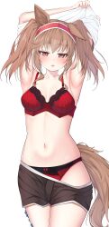 1girl absurdres angelina_(arknights) animal_ears arknights armpits arms_up blush bow bow_panties bra breasts brown_hair brown_shorts commentary_request fox_ears fox_girl fox_tail hairband highres lingerie long_hair looking_at_viewer material_growth medium_breasts navel oripathy_lesion_(arknights) panties parted_lips red_bra red_eyes red_hairband red_panties shirt short_shorts shorts solo standing stomach tail tarako_(mentaitarasupa) transparent_background twintails underwear undressing white_shirt