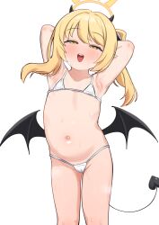 1girl absurdres armpits arms_behind_head asymmetrical_hair bikini black_horns black_tail black_wings blonde_hair blue_archive cameltoe commentary_request demon_girl demon_horns demon_tail demon_wings flat_chest half-closed_eyes halo highres horns ibuki_(blue_archive) loli looking_at_viewer micro_bikini navel open_mouth pointy_ears side_ponytail simple_background solo string_bikini swimsuit tail teeth upper_teeth_only white_background white_bikini wings yellow_eyes yellow_halo yonketa